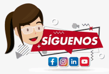 a woman with glasses is holding a sign that says siguenos on it