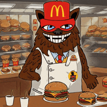 a cartoon illustration of a werewolf wearing a mcdonald 's hat