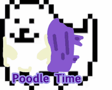 a pixel art drawing of a purple ghost with the words poodle time written below it