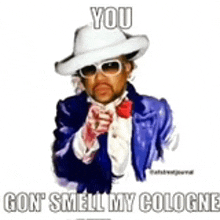 a man wearing a hat and sunglasses is pointing at the camera and says `` you gon smell my cologne '' .