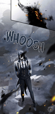 a man in a suit and tie is standing in front of a wall that says whoosh on it