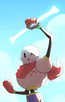 a cartoon drawing of papyrus holding a bone in the air