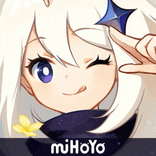 a mihoyo logo with a white haired anime girl