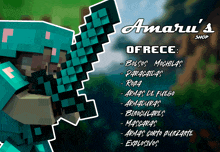 a poster for amaru 's shop shows a person holding a diamond sword