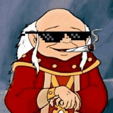 a cartoon character is wearing sunglasses and smoking a joint .