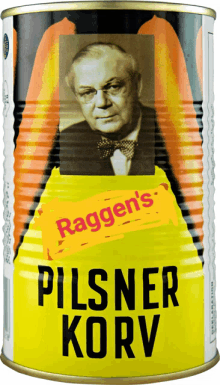 a can of ragged 's pilsner korv has a picture of a man on the front