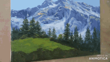 a painting of a mountain with trees and grass is made by animatica