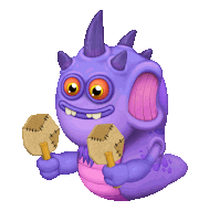 a purple monster with horns is holding a pair of wooden sticks