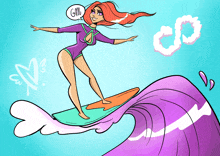 a cartoon drawing of a woman riding a wave with a speech bubble saying gm