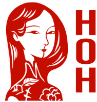 a red and white drawing of a woman with the letters hoh below her