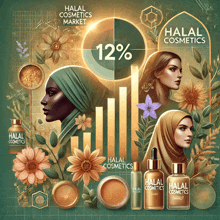 an advertisement for halal cosmetics shows a woman in a hijab surrounded by flowers