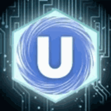 the letter u is in a blue circle on a blue background .