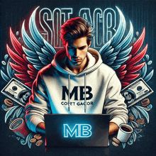 a man wearing a hoodie that says mb sits at a laptop