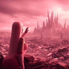 a woman in a pink dress and gloves stands in front of a destroyed city