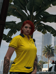 a woman with red hair is wearing a yellow polo shirt with a black trim