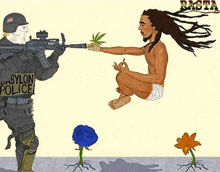 a man with dreadlocks is sitting in a lotus position while a police officer shoots a marijuana plant at him .