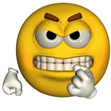 a cartoon smiley face with a very angry expression and a fist in his mouth .