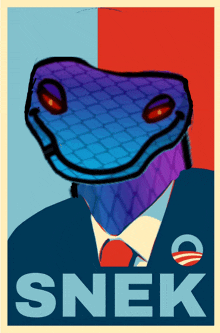 a poster of a snake in a suit and tie that says " snek "