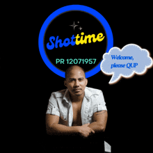 a man is standing in front of a logo for shottime