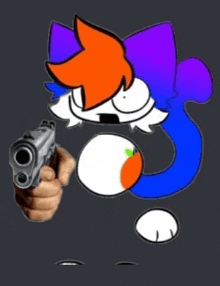 a person is pointing a gun at a cartoon cat with a long tail .