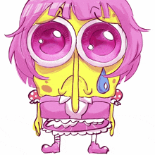 a cartoon drawing of spongebob with pink hair and big eyes