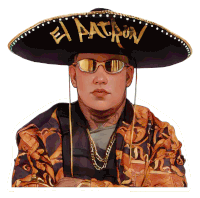 a man wearing a sombrero and sunglasses with el patron written on it