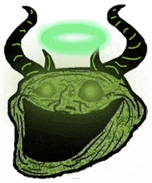 a drawing of a troll face with horns and a green halo around its head .