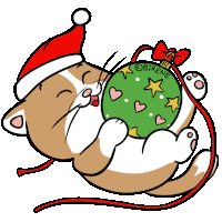 a drawing of a cat wearing a santa hat holding a green christmas ornament