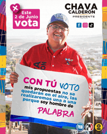 a poster for chava calderon shows a man holding a sign