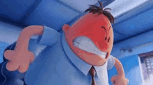 a cartoon man with a red face and a blue shirt and tie is making a funny face .