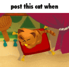 a cartoon cat laying on a red pillow with the words post this cat when