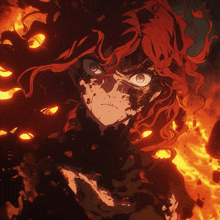 a cartoon character with red hair is surrounded by flames and blood