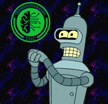 bender from futurama is standing in front of a logo that says transhuman coin