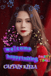 a woman is surrounded by confetti and the words welcome happy tasking party time captain rizza