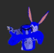 a blue bunny is wearing headphones and holding a gun in a dark room .