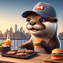 an otter wearing a hat that says b4 is eating a hamburger