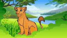 a cartoon drawing of a lioness sitting in the grass near a river