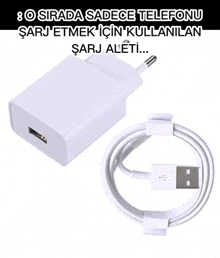 a white charger with a usb cable next to it and the words " 8 o sirada sadece telefonu "