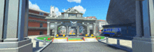 a blurred image of a building with a blue truck parked in front of it that says apit