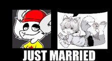 a cartoon of a cat with a red hat and a cartoon of a cat laying down with the words just married