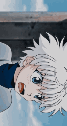 a cartoon character with white hair and blue eyes is looking up at the sky