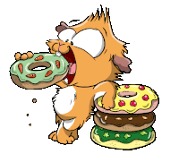 a cartoon of a cat eating a donut next to a stack of donuts