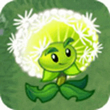 a cartoon drawing of a dandelion with a face and leaves on a green background .