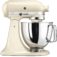 a white kitchenaid mixer with a silver bowl