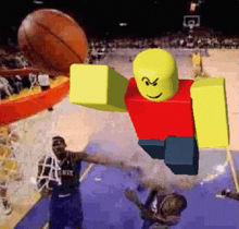 a roblox character is jumping in the air while a basketball player tries to block the shot .