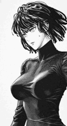 a black and white drawing of a woman with short hair and a turtleneck .