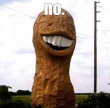 a statue of a peanut with a big smile and the words " no " written on it