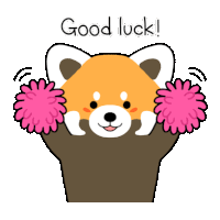 a cartoon shiba inu cheering with pom poms and the words good luck