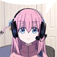 a girl with pink hair and blue eyes is wearing headphones and a microphone