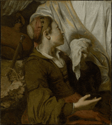 a painting of a woman with a scarf around her head holding a napkin